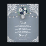 Dusty Blue Country White Lace Mason Jar Menu Kaart<br><div class="desc">Dusty Blue Country White Lace Mason Jar Menu-Kaarten - bieden een stoffige blauwe of leisteen/stalen blauwe achtergrond met witte gedrukte kant,  strijklichten en een maankwaar gevuld met bloemelementen,  groen en meer. Uitzicht het passende collectie op deze pagina om coördinerende punten te vinden.</div>