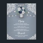 Dusty Blue Country White Lace Mason Jar Menu Kaart<br><div class="desc">Dusty Blue Country White Lace Mason Jar Menu-Kaarten - bieden een stoffige blauwe of leisteen/stalen blauwe achtergrond met witte gedrukte kant,  strijklichten en een maankwaar gevuld met bloemelementen,  groen en meer. Uitzicht het passende collectie op deze pagina om coördinerende punten te vinden.</div>