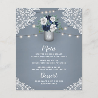 Dusty Blue Country White Lace Mason Jar Menu Kaart