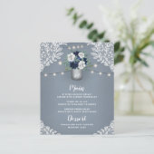 Dusty Blue Country White Lace Mason Jar Menu Kaart (Staand voorkant)
