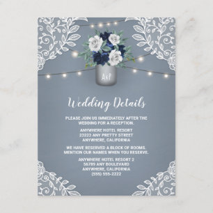Dusty Blue Country White Lace Mason Jar Wedding Informatiekaartje