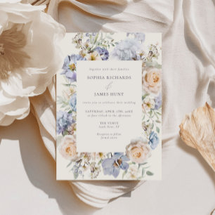Dusty Blue Cream Bloemen Bruiloft Kaart