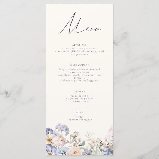 Dusty Blue Cream Bloemen Bruiloft Menu (Voorkant)