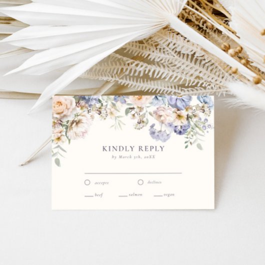 Dusty Blue Cream Bloemen Bruiloft RSVP Kaartje