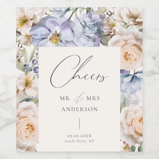 Dusty Blue Cream Bloemen Bruiloft Wijn Etiket (Enkel label)