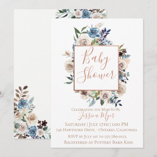 Dusty Blue Cream Floral Baby shower Invitation Kaart (Voorkant / Achterkant)