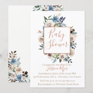 Dusty Blue Cream Floral Baby shower Invitation Kaart