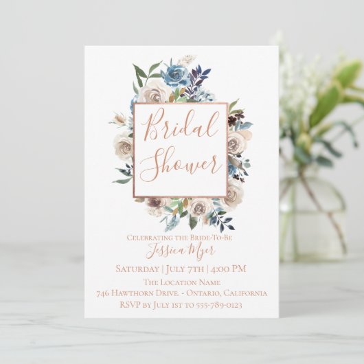 Dusty Blue Cream Floral Bridal Shower Kaart (Staand voorkant)