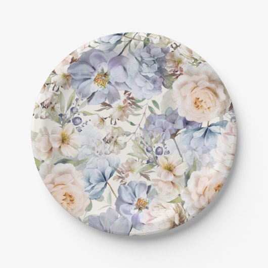 Dusty Blue Cream Floral Papieren Bordje (Voorkant)