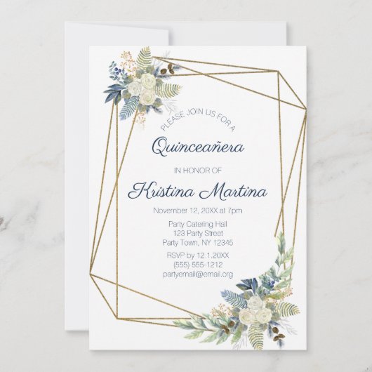 Dusty Blue Cream Floral Quinceañera Verjaardag Kaart (Voorkant)