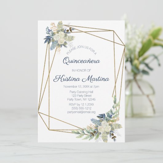 Dusty Blue Cream Floral Quinceañera Verjaardag Kaart (Staand voorkant)