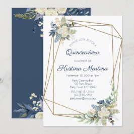 Dusty Blue Cream Floral Quinceañera Verjaardag Kaart