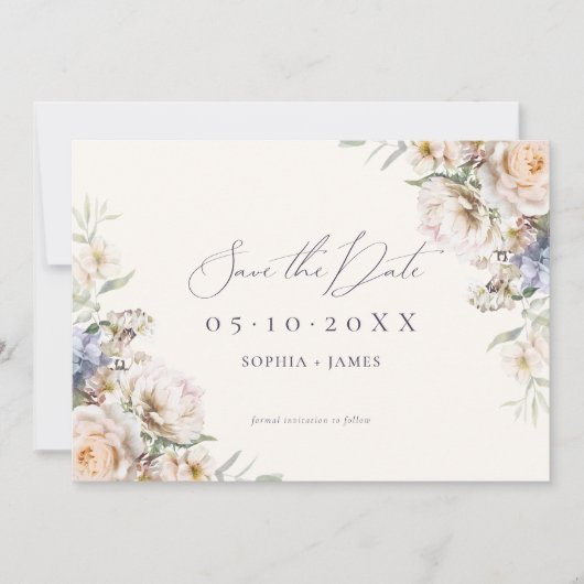 Dusty Blue Cream Floral Save The Date (Voorkant)