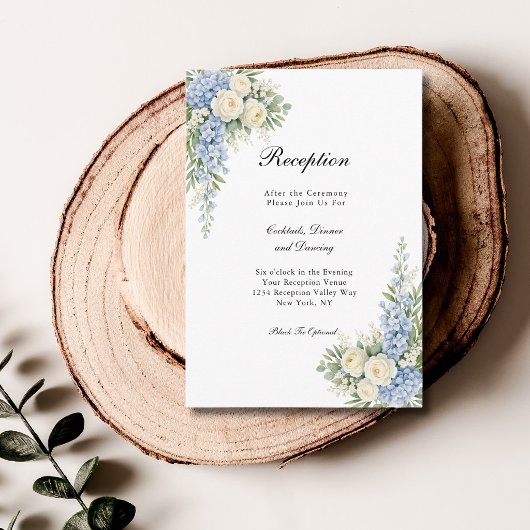 Dusty Blue Cream Floral Wedding Reception  Informatiekaartje