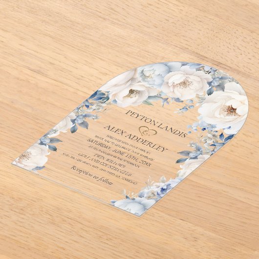 Dusty Blue Cream White Floral Gold Arch Wedding Acryl Uitnodigingen (Laagn)