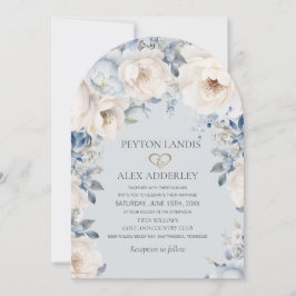 Dusty Blue Cream White Floral Gold Arch Wedding Kaart