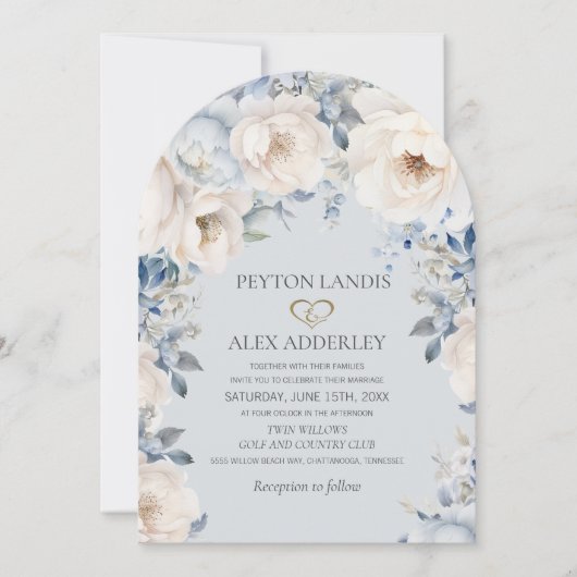 Dusty Blue Cream White Floral Gold Arch Wedding Kaart (Voorkant)