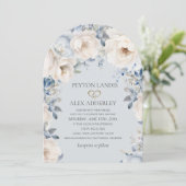 Dusty Blue Cream White Floral Gold Arch Wedding Kaart (Staand voorkant)