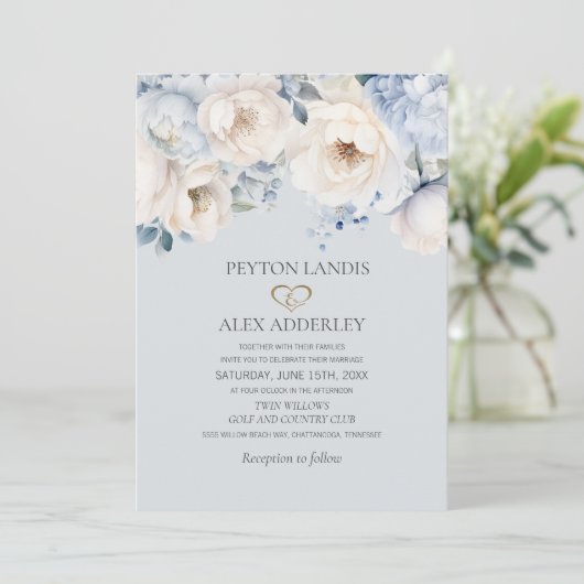 Dusty Blue Cream White Floral Gold Wedding Kaart (Staand voorkant)