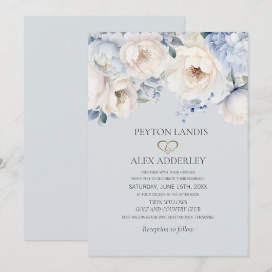 Dusty Blue Cream White Floral Gold Wedding Kaart (Voorkant / Achterkant)
