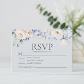Dusty Blue Cream White Floral Wedding RSVP Kaartje (Staand voorkant)