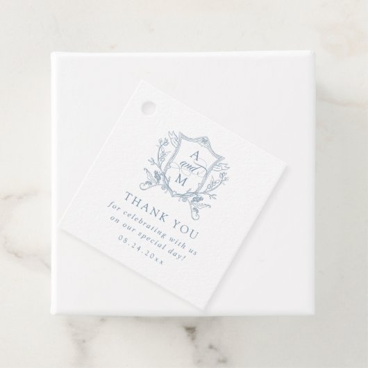 Dusty Blue Crest Bruiloft Dank u Bedankjes Labels (In situ)