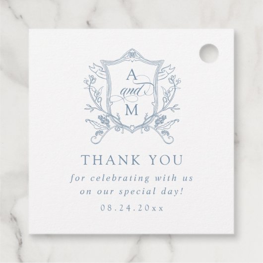 Dusty Blue  Crest Bruiloft Dank u Bedankjes Labels (Achterkant)