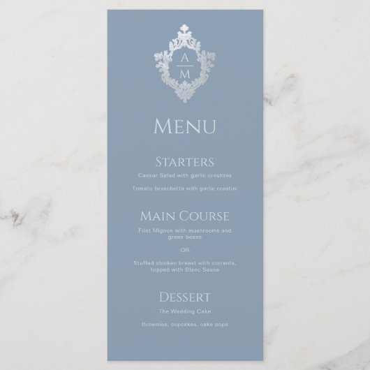 Dusty Blue Crest Bruiloft Monogram Menu (Voorkant)