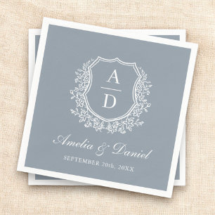 Dusty Blue Crest Elegant Monogram Wedding Servet