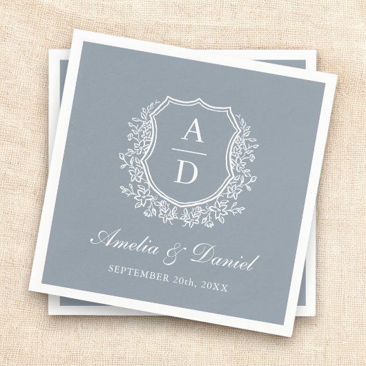 Dusty Blue Crest Elegant Monogram Wedding Servet