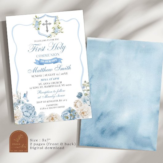 Dusty Blue Crest en Floral Eerste Heilige Communie Kaart