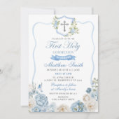 Dusty Blue Crest en Floral Eerste Heilige Communie Kaart (Voorkant)