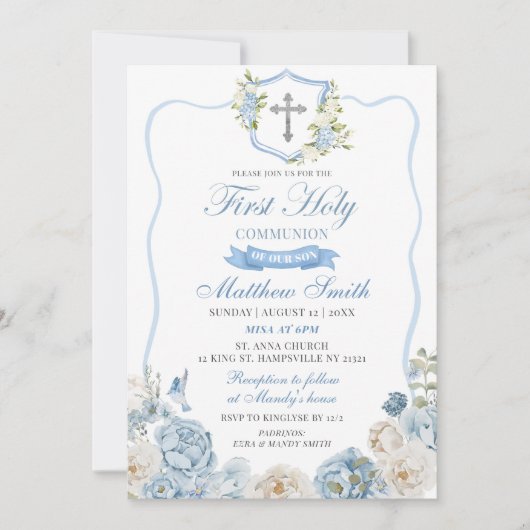 Dusty Blue Crest en Floral Eerste Heilige Communie Kaart (Voorkant)