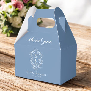 Dusty Blue Crest Floral Monogram Huwelijk Modern Bedankdoosjes