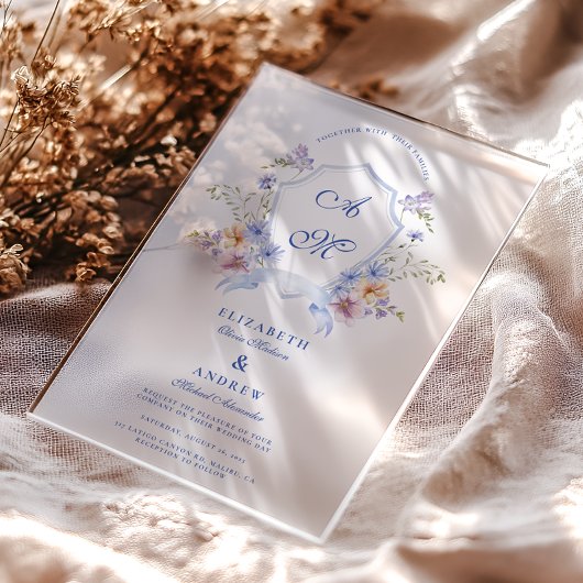 Dusty Blue Crest Floral Wedding Acryl Uitnodigingen