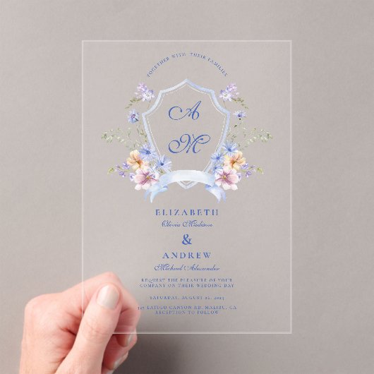 Dusty Blue Crest Floral Wedding Acryl Uitnodigingen (Insitu (Draagbaar))