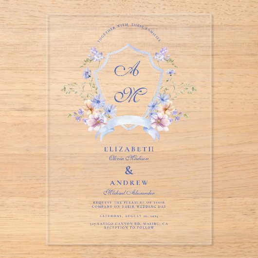 Dusty Blue Crest Floral Wedding Acryl Uitnodigingen (Voorkant)