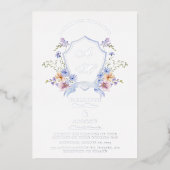 Dusty Blue Crest Floral Wedding Folie Uitnodiging (Voorkant)
