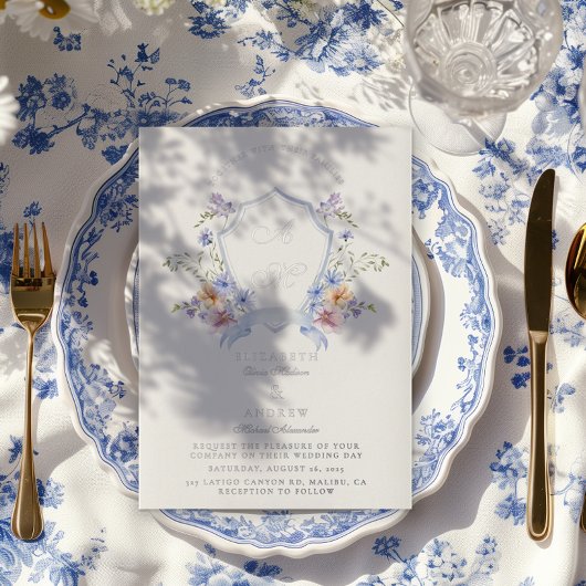 Dusty Blue Crest Floral Wedding Folie Uitnodiging