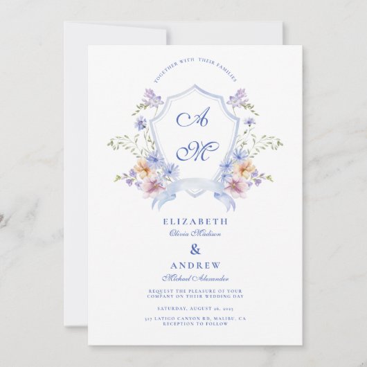Dusty Blue Crest Floral Wedding Kaart (Voorkant)