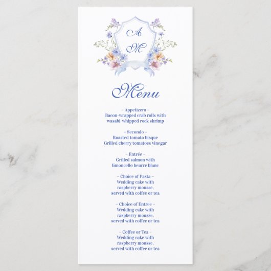 Dusty Blue Crest Floral Wedding Menu (Voorkant)