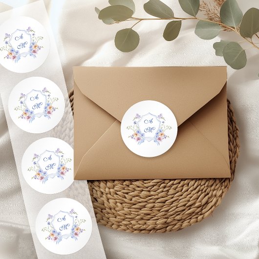 Dusty Blue Crest Floral Wedding Ronde Sticker