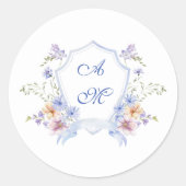 Dusty Blue Crest Floral Wedding Ronde Sticker (Voorkant)