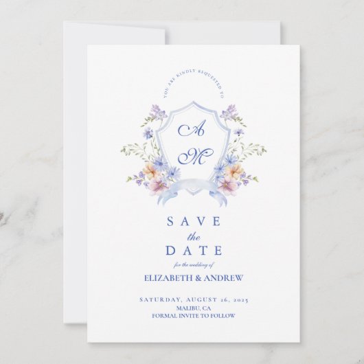Dusty Blue Crest Floral Wedding Save The Date (Voorkant)