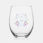 Dusty Blue Crest Floral Wedding Wijnglas Zonder Voet (Voorkant)
