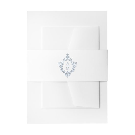Dusty Blue Crest Monogram 2 Initialen Elegant Wit Uitnodigingen Wikkel (Voorkant Voorbeeld)