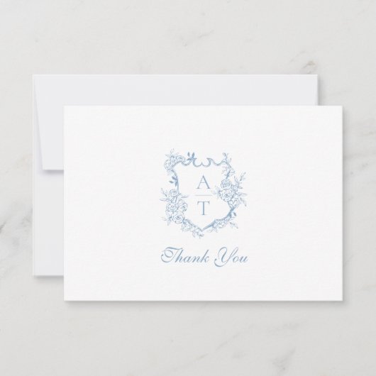Dusty Blue Crest Monogram Bruiloft Dank u Kaart (Voorkant)