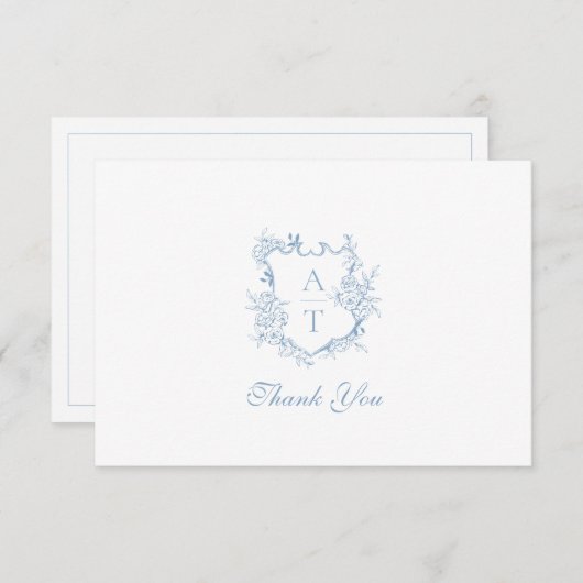 Dusty Blue Crest Monogram Bruiloft Dank u Kaart (Voorkant / Achterkant)