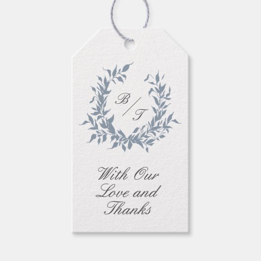Dusty Blue Crest Monogram Bruiloft Logo Dank u Cadeaulabel (Voorkant)