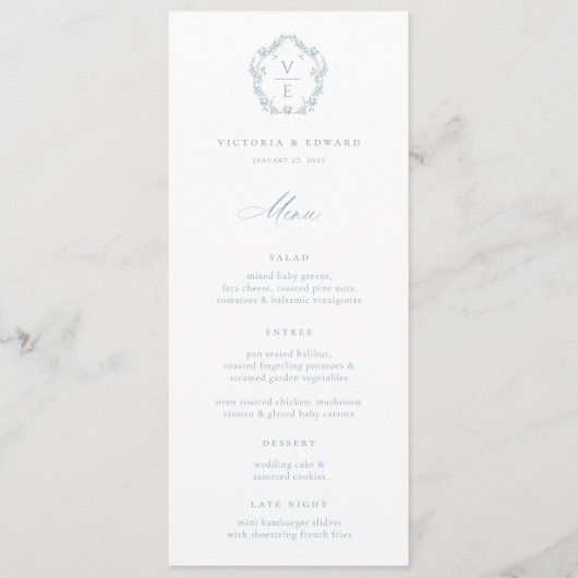 Dusty Blue Crest Monogram Bruiloft Menu (Voorkant)